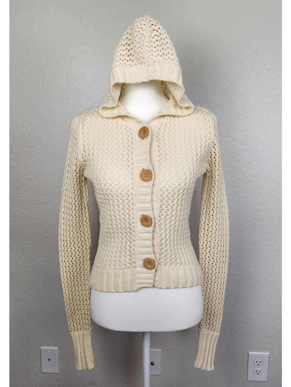 Vintage Y2K Abercrombie & Fitch Cream Open Knit Hooded Button Up Cardigan, Lrg